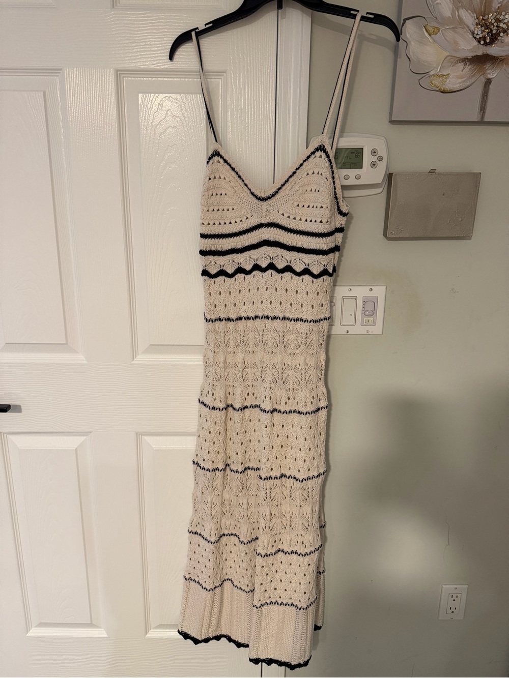 Zara Cream Crochet Midi Dress with Black Trim